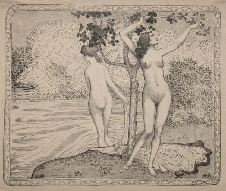 Two Bathers under a Tree at the Water's Edge