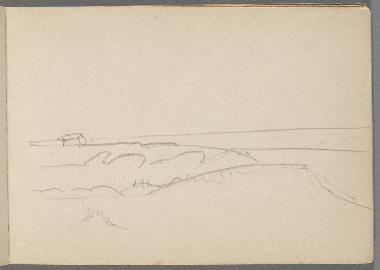 Sketchbook No. 4, page 31: Pencil sketch of shore with cabin, water
