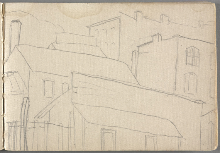 Sketchbook No. 4, page 3: Pencil sketch of apartment houses 