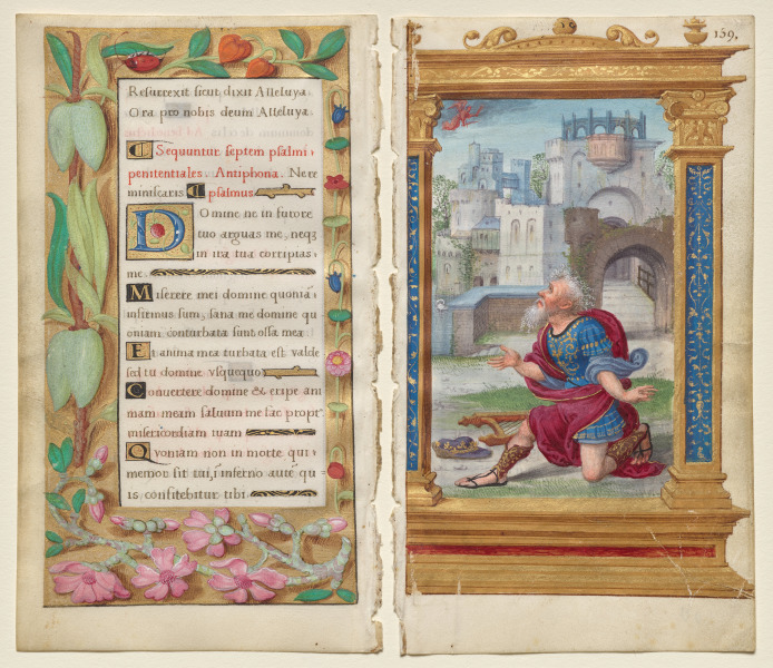 Adjoining Leaves from a Book of Hours: Penitential Psalms and King David in Prayer (2 of 3 Excised Leaves)
