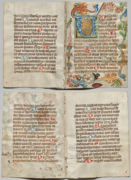 Bifolio from a Book of Hours: Initial V with Floral Border (recto); Text (verso)