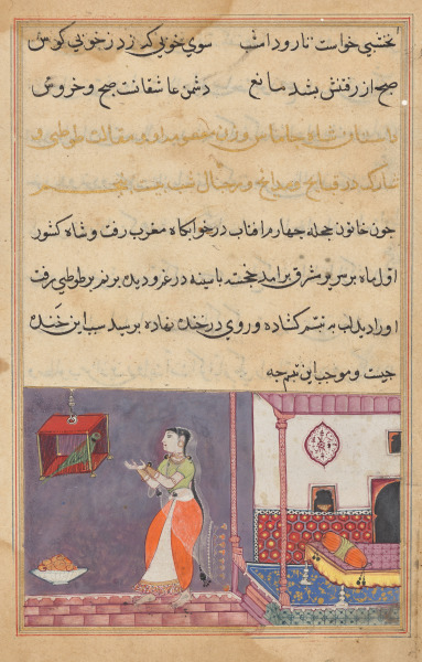 The Parrot Addresses Khujasta at the Beginning of the Twenty-fifth Night, from a Tuti-nama (Tales of a Parrot)
