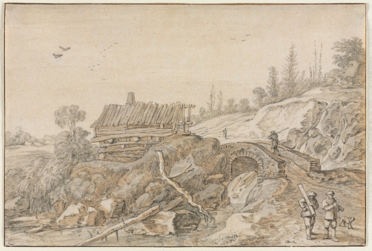 Hilly Landscape with Hut Beside a Stream