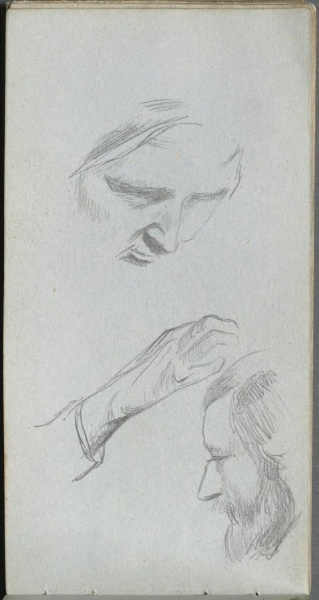 Sketchbook, page 70: Study of Two Faces and a Hand