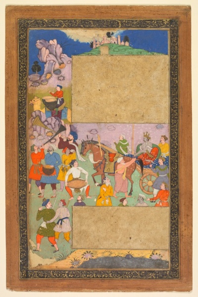 A charioteer riding through a rocky landscape with an entourage of footmen and musicians, page from a Razm-nama (Book of Wars) adapted from the Sanskrit Mahabharata and translated into Persian by Mir Ghiyath al-Din Ali Qazvini, known as Naqib Khan (Persian, d. 1614)
