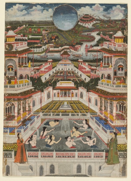 Women bathing before an architectural panorama