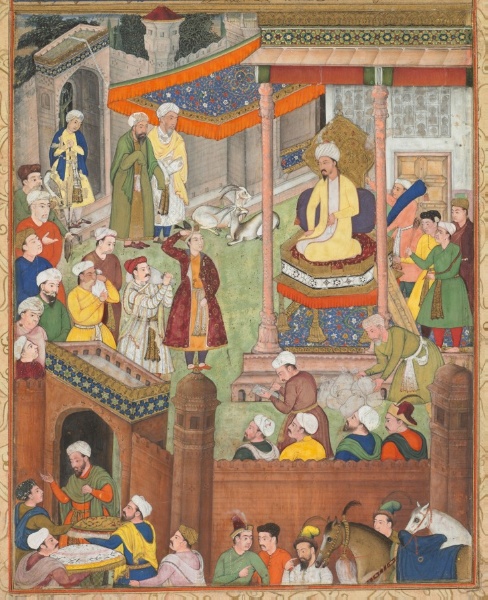 Babur receives booty and Humayun’s salute after the victory over Sultan Ibrahim in 1526, from an Akbar-nama (Book of Akbar) of Abu’l Fazl (Indian, 1551–1602)