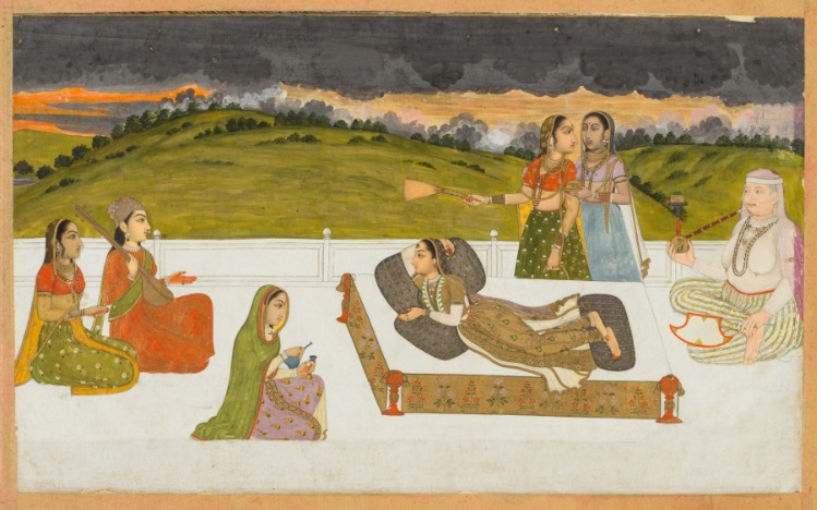 A princess reclining on a terrace with attendants
