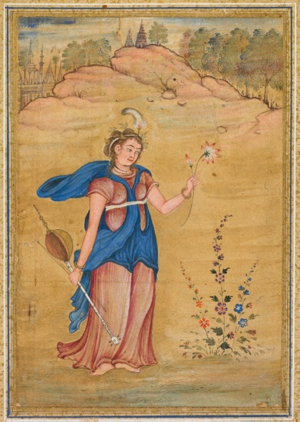 A female figure standing in a landscape holding a four-stringed “khuuchir” and a lotus