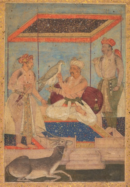 Akbar and Jahangir Examine a Ghir Falcon while Prince Khusrau Stands Behind