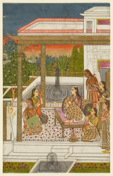 A princess with attendants on a terrace