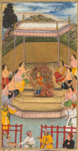 Yaja and Upayaja perform a sacrifice for the emergence of Dhrishtadyumna from the fire, from Adi-parva (volume one) of the Razm-nama (Book of Wars) adapted and translated into Persian by Mir Ghiyath al-Din Ali Qazvini, known as Naqib Khan (Persian, d. 1614) from the Sanskrit Mahabharata