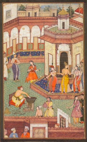 A Man Dips His Hand into a Cauldron as Ladies of the Harem Stand in Amazement: A Page from a Manuscript of Religious History