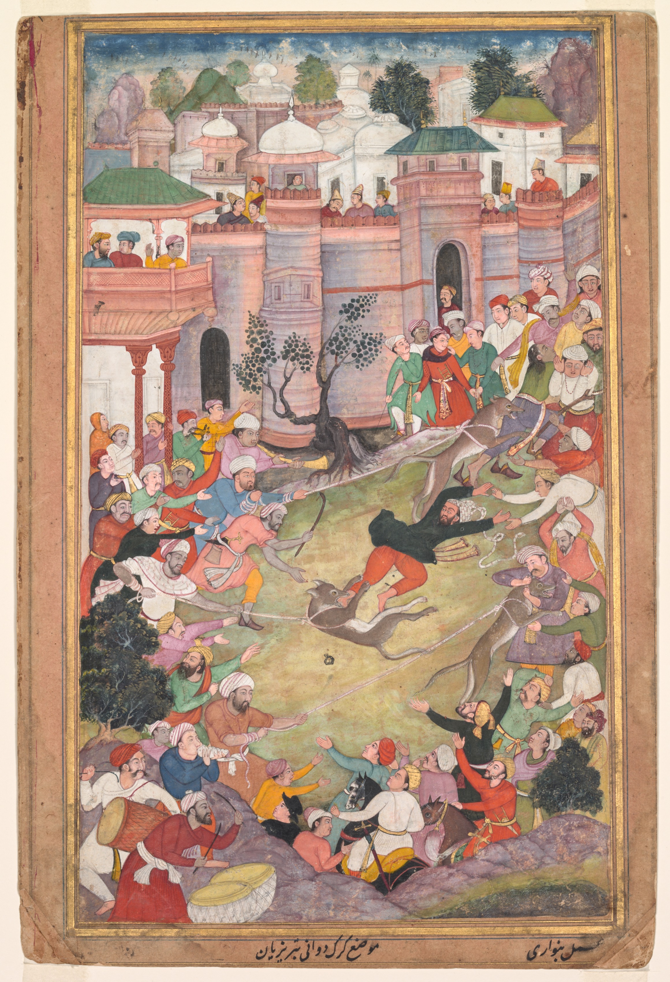 The game of wolf-running in Tabriz, from an Akbar-nama (Book of Akbar)
