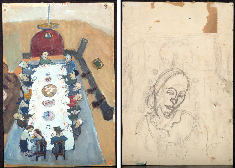Dinner Party (recto); Dinner Party with Presumed Portrait Study of Paula Lindberg (verso)