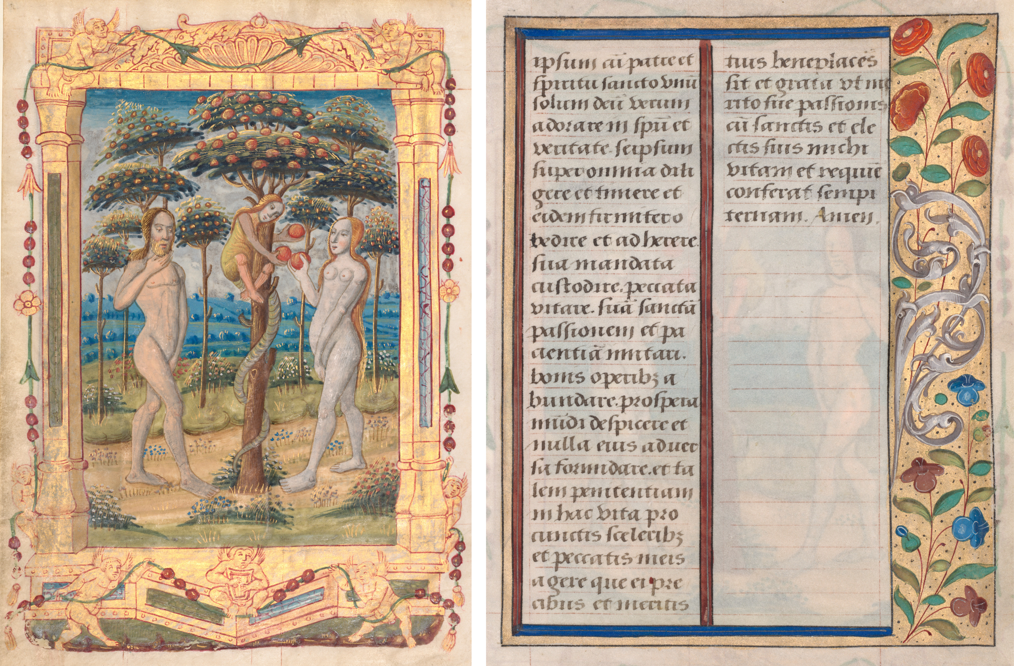 Leaf from a Book of Hours: Adam and Eve and the Fall of Man (Prefatory Miniature to the Office of the Virgin) (recto) and Text with Illustrated Border (verso) (1 of 3 Excised Leaves)