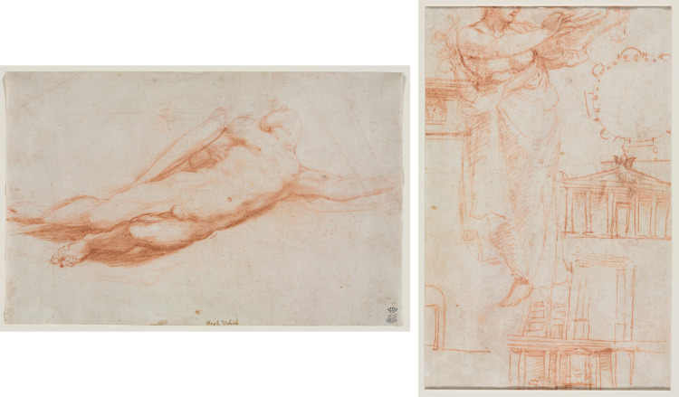 Study of a Fallen Soldier (possibly the Conversion of Saul) (recto); A Draped Female Figure (possibly an Amazon) and Architectural Studies (verso)