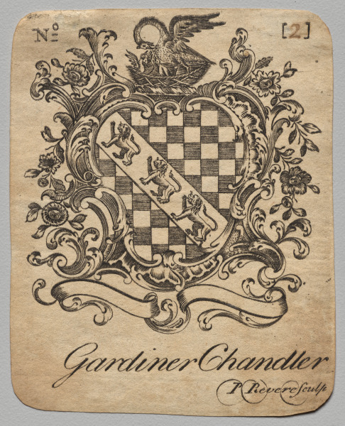 Bookplate:  Coat of Arms with Gardiner Chandler inscribed below