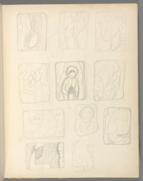 Sketchbook No. 6, page 87: Pencil 11 designs for enamels, 1 of girl, rest abstract