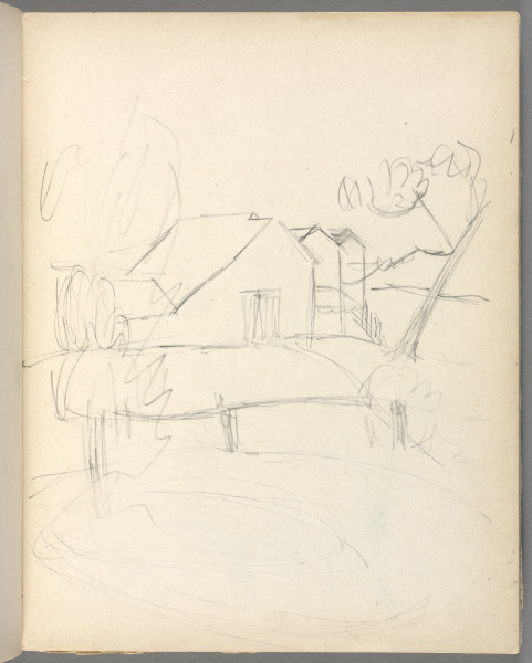 Sketchbook No. 6, page 81: Pencil sketch of landscape with houses
