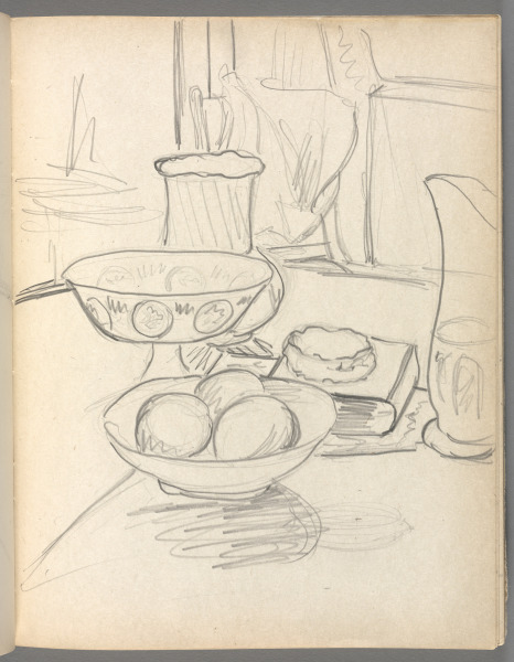 Sketchbook No. 6, page 73: Pencil large drawing of still life with bowl of fruit, pitcher, dish