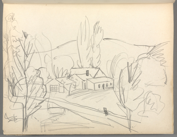 Sketchbook No. 6, page 79: Pencil landscape of houses, hills, trees