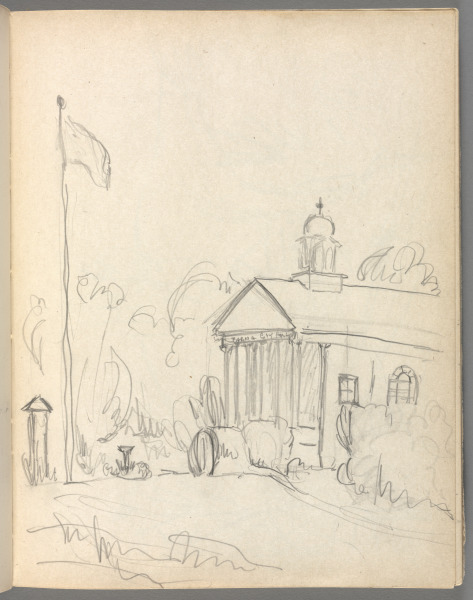 Sketchbook No. 6, page 77: Pencil building (columns, cupola) which says Parma City Parks, flagpole