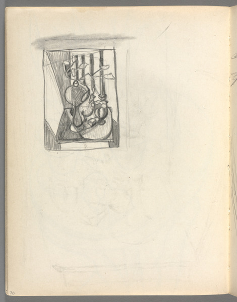 Sketchbook No. 6, page 70: Pencil Border with still life of vase and plant, glass on table top