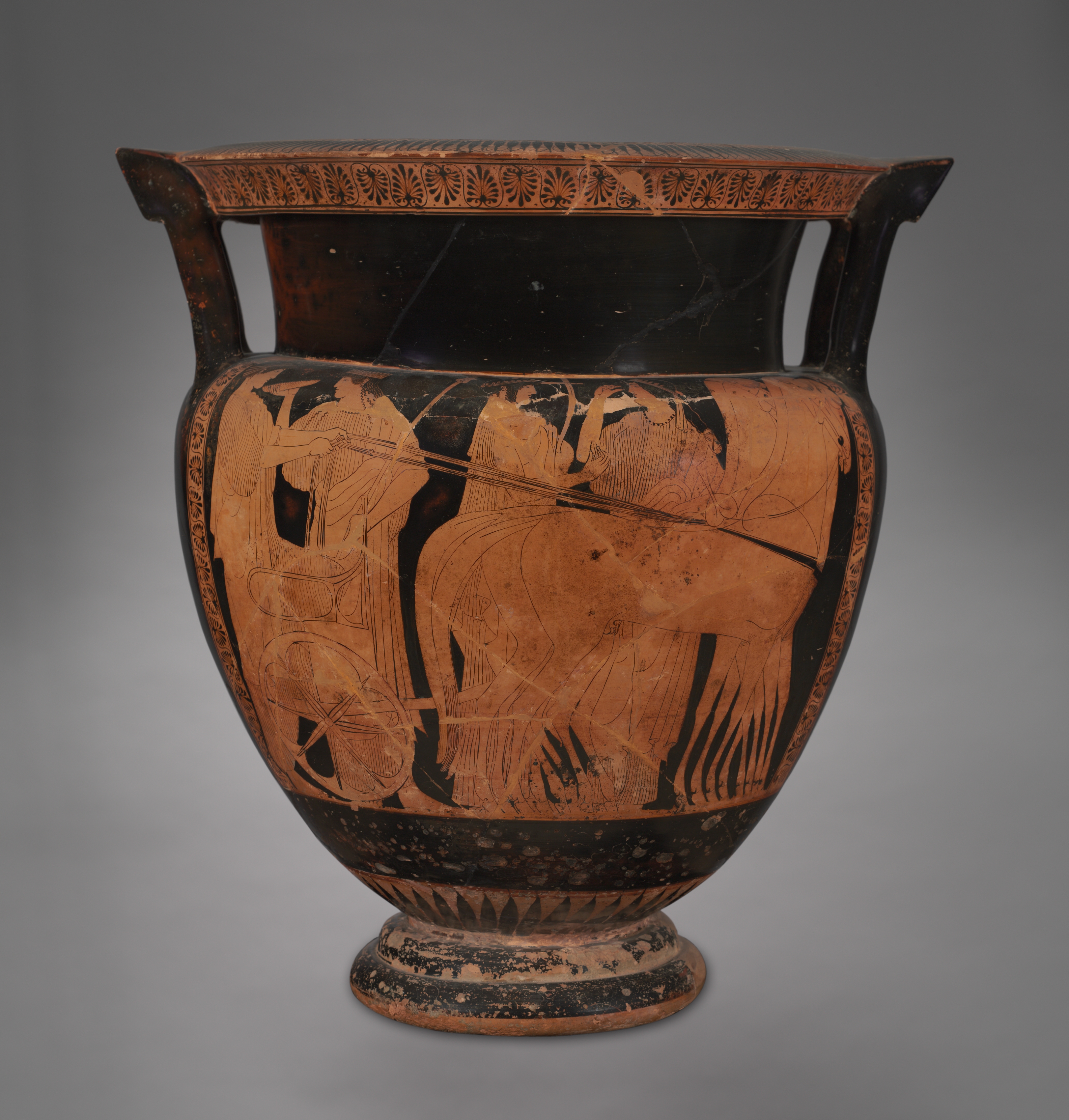 Red-Figure Column Krater (Mixing Vessel): Apollo and Goddesses with Chariot (A); Komos (Revel) (B)