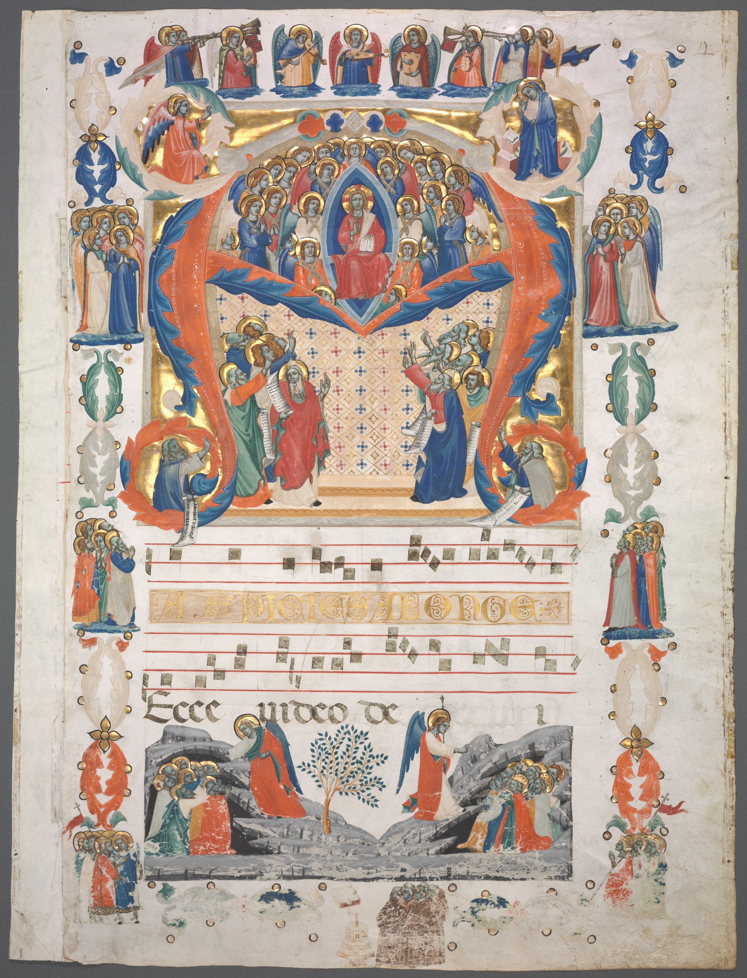 Single Leaf Excised from an Antiphonary: Inital A[spiciens a longe] with Christ in Majesty