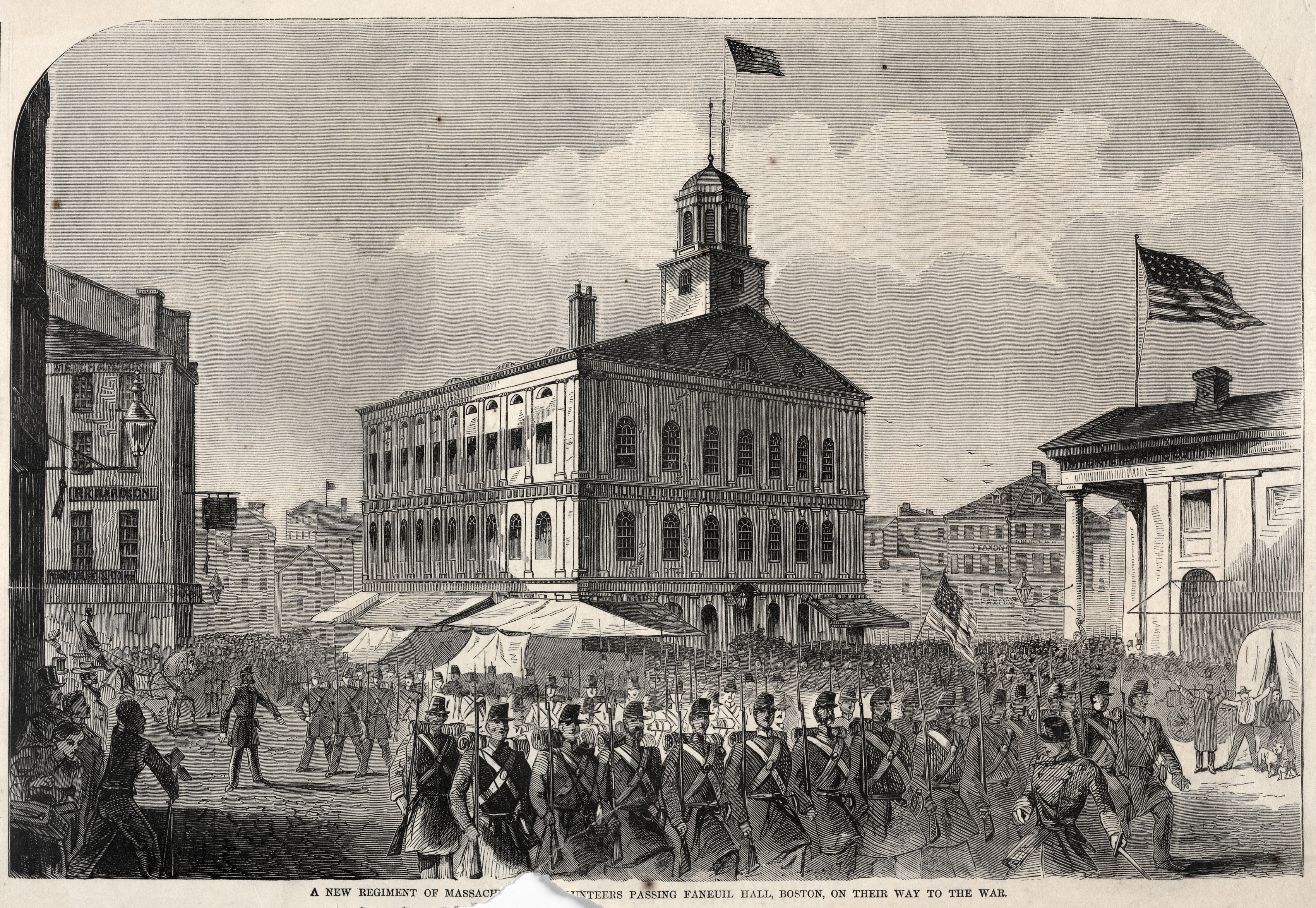 A New Regiment of Massachusetts Volunteers passing Faneuil Hall, Boston, on their way to War