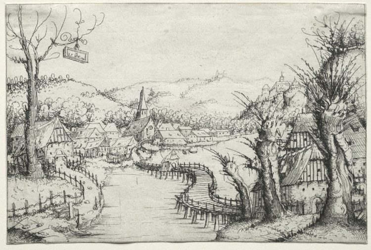 River Landscape with Three Bare Willow Trees at Right and a Long Winding Wooden Bridge at Center Leading to a Village