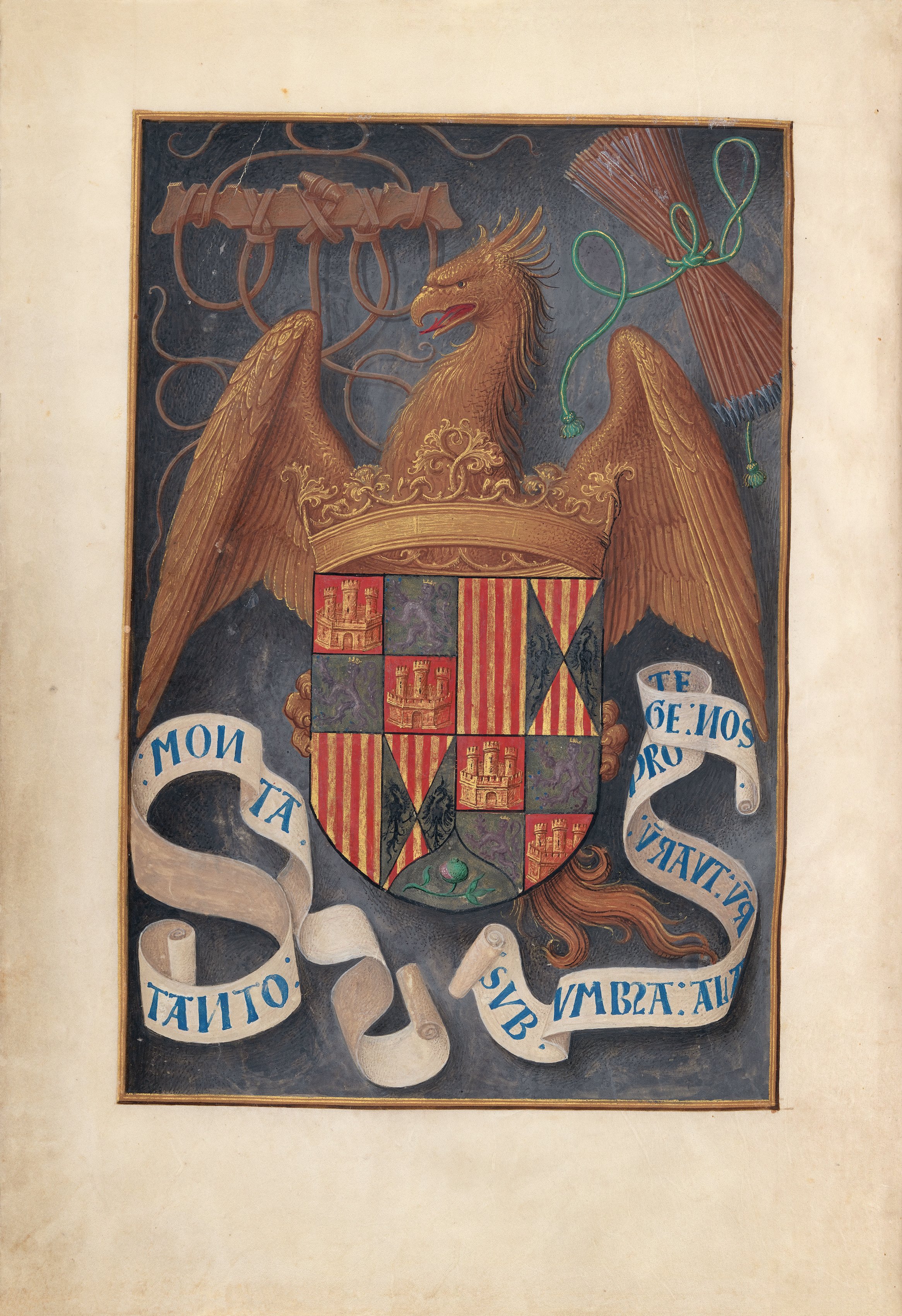 Hours of Queen Isabella the Catholic, Queen of Spain:  Fol. 1v, Arms and Mottoes of Isabel la Católica