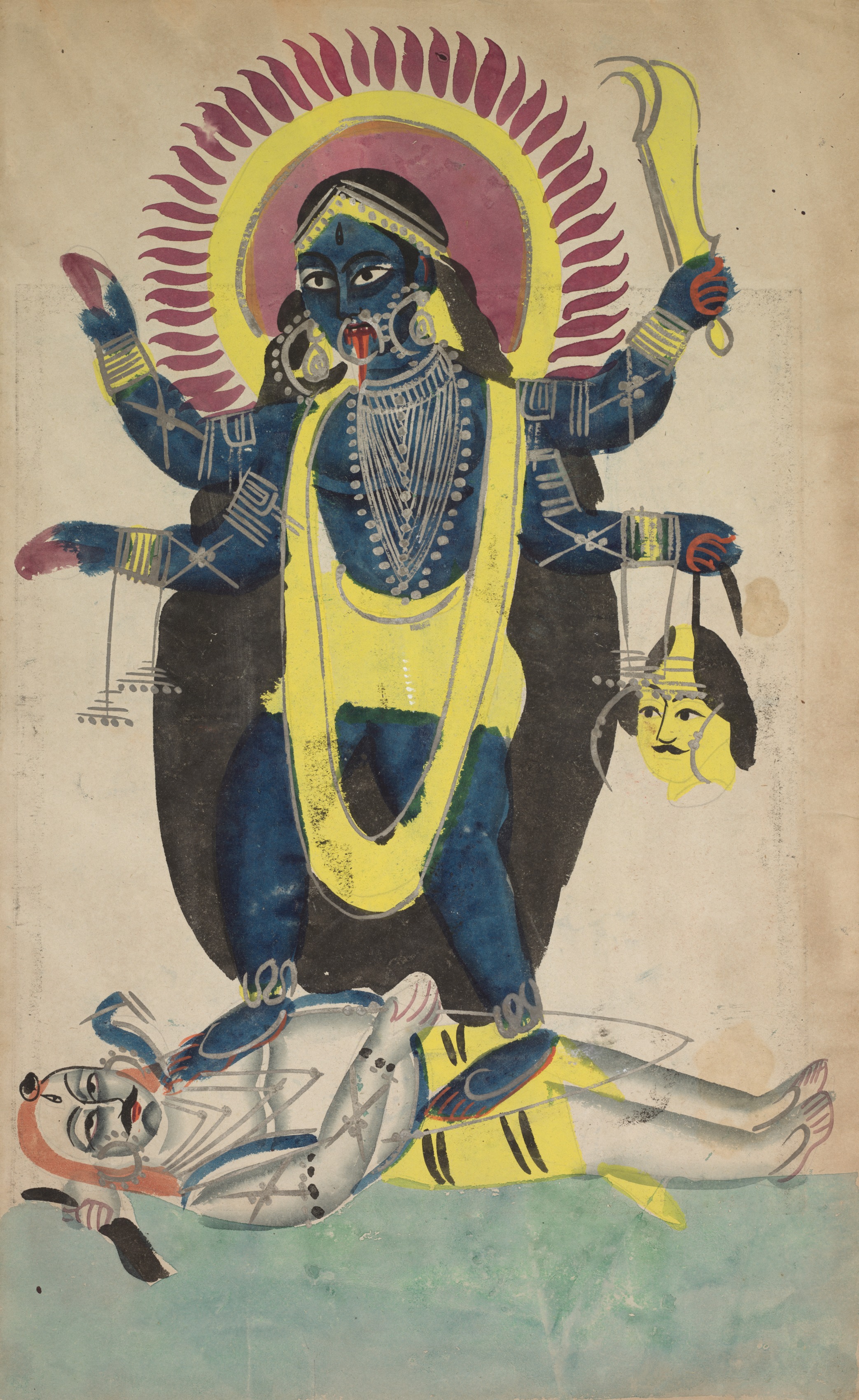 Kali Dancing on Shiva (recto), from a Kalighat album