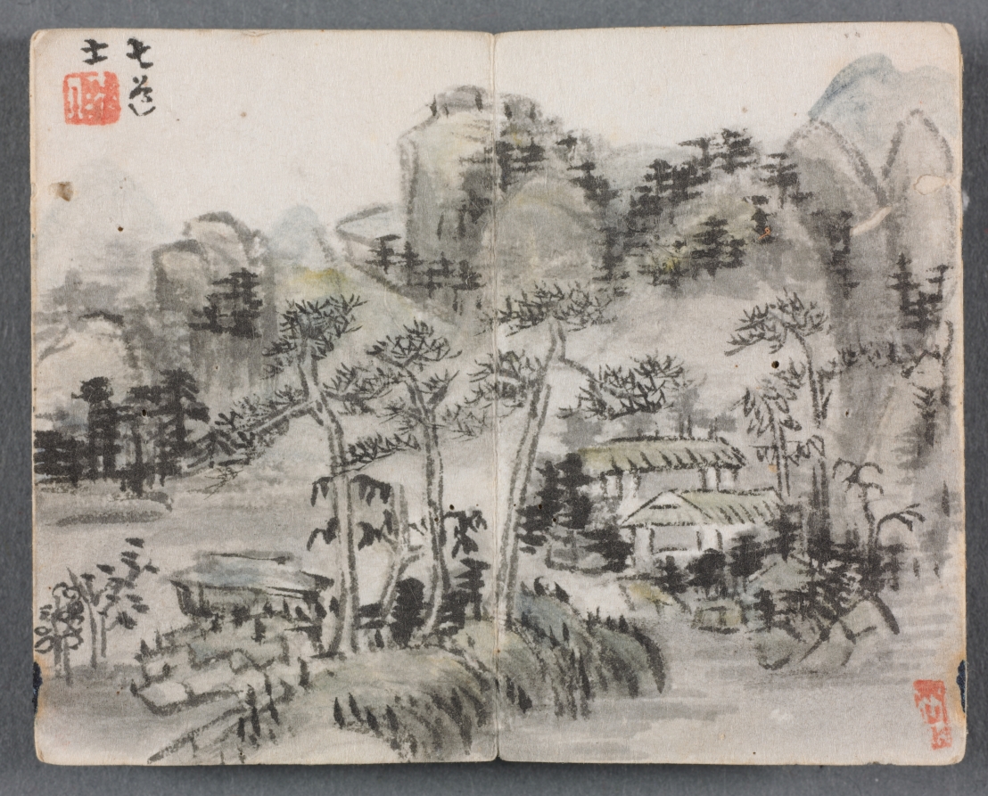 Miniature Album with Figures and Landscape (Landscape with Two Buildings)