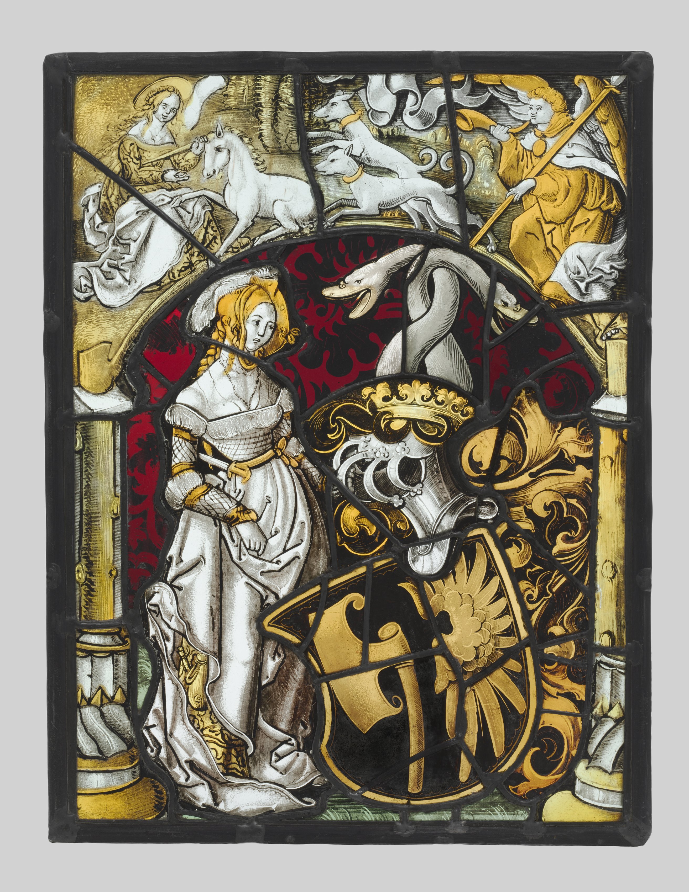 Heraldic Panel with Arms of Lichtenfels and a Unicorn Hunt