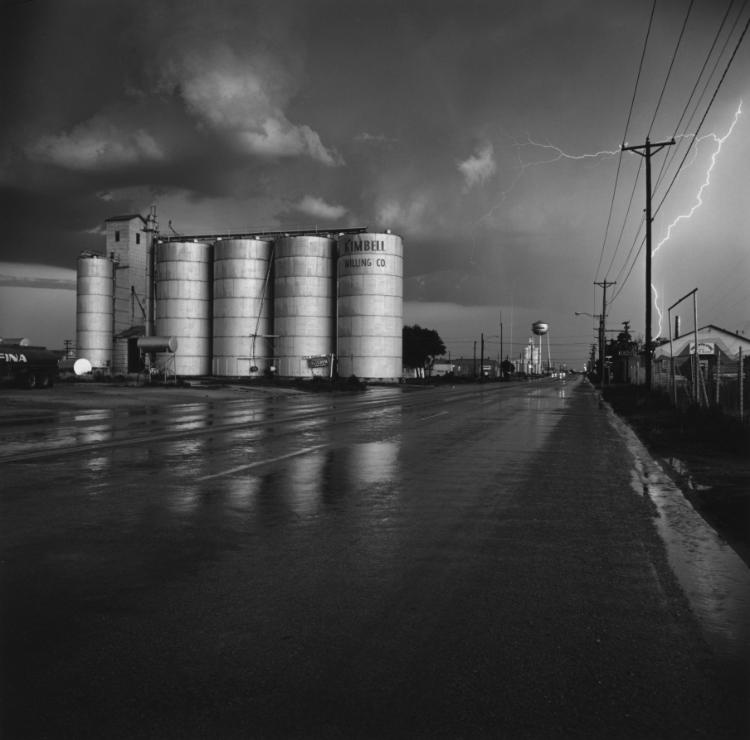 Landscape - Grain Elevators and Lightning Flash, Lamesa, Texas