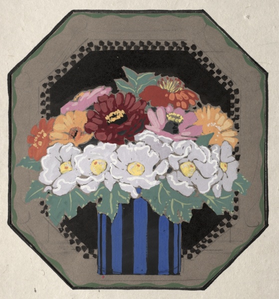 Flowers in Blue and Black Striped Vase