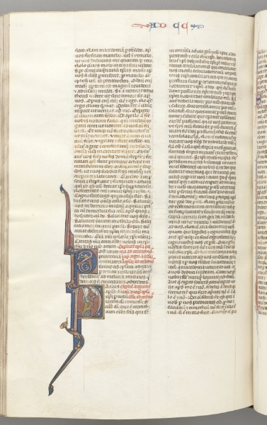 Fol. 445v, Corinthians II, historiated initial P, Paul standing with a sword, talking to the bust of God above