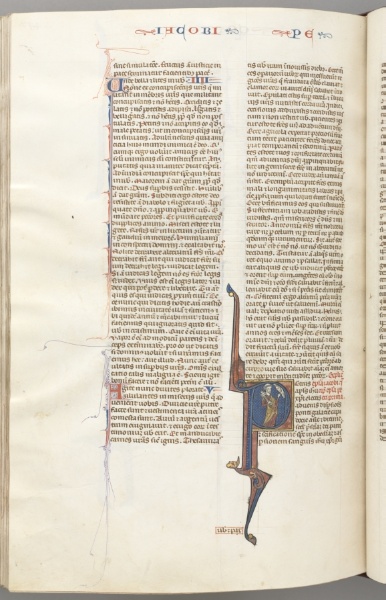 Fol. 477v, Peter, historiated initial P, Peter with a key, talking to the bust of God above