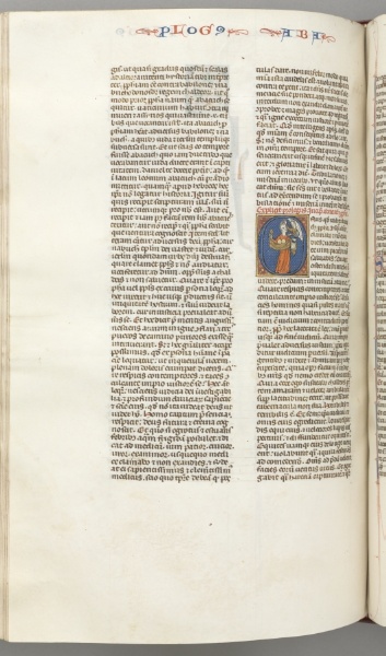 Fol. 361v, Habbakuk, historiated initial O, Habbakuk holding a basket and two stones, seized by the hair by an angel