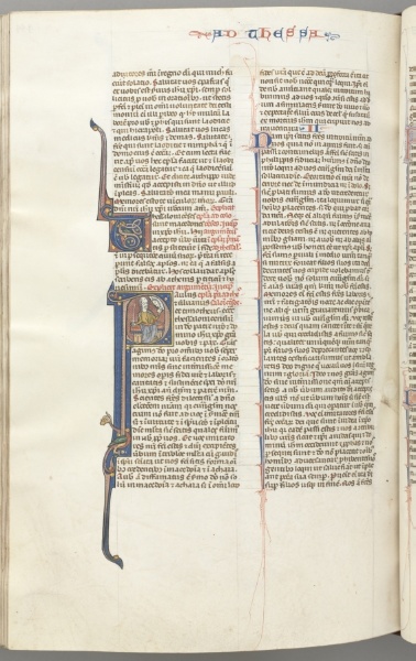 Fol. 454v,Thessalonians I, historiated initial P, Paul seated with a sword and a book, talking to the bust of God above