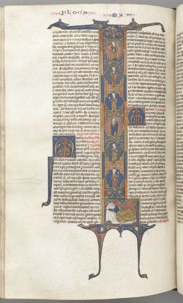 Fol. 391v, Matthew, full-length historiated initial L, the Tree of Jesse, with a sleeping Jesse at the base and six of the ancestors of Christ in irregular compartments