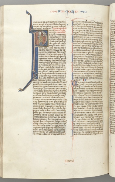 Fol. 453v, Colossians, historiated initial P, Paul standing talking to the bust of God above
