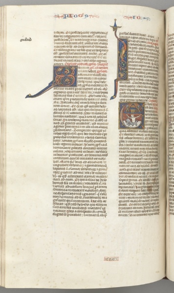 Fol. 357v, Jonah, historiated initial E, Jonah swallowed by the whale, a walled city above