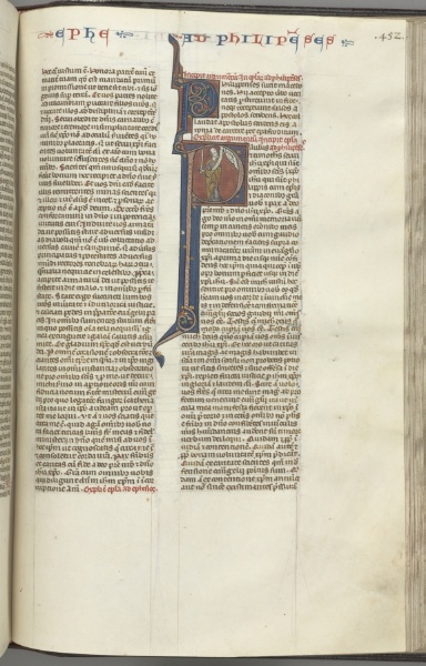 Fol. 452r, Philippians, historiated initial P, Paul standing with a sword and a scroll, talking to the bust of God above