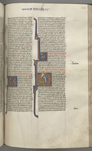 Fol. 317r, Baruch, historiated initial H, Baruch seated at a desk writing on a scroll