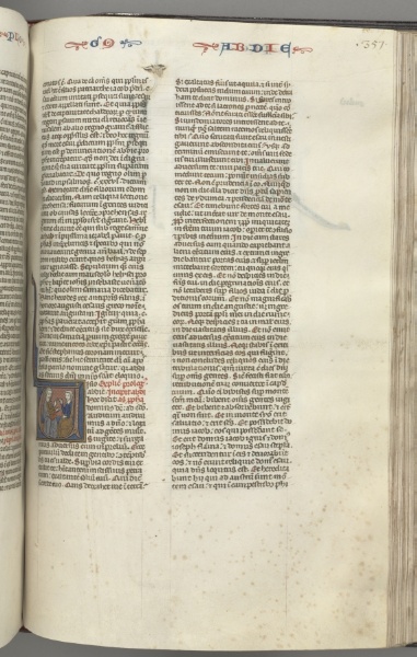 Fol. 357r, Obadiah, historiated initial V, Obadiah and a Jew in discussion