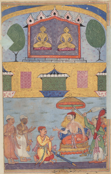 The goldsmith and the carpenter inform the king of a dream in which the golden images plan to desert the city for lack of worshippers, from a Tuti-nama (Tales of a Parrot): Third Night