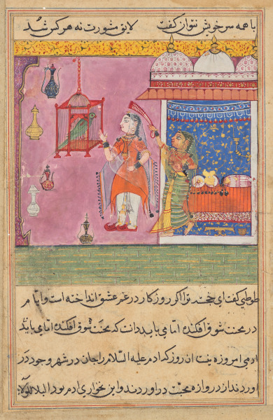 The Parrot Addresses Khujasta at the Beginning of the Nineteenth Night, from a Tuti-nama (Tales of a Parrot)